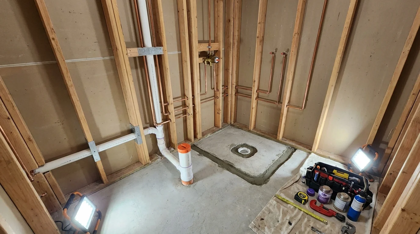 Bathroom rough-in plumbing during remodel by Johns Plumbing LLC in Carriere