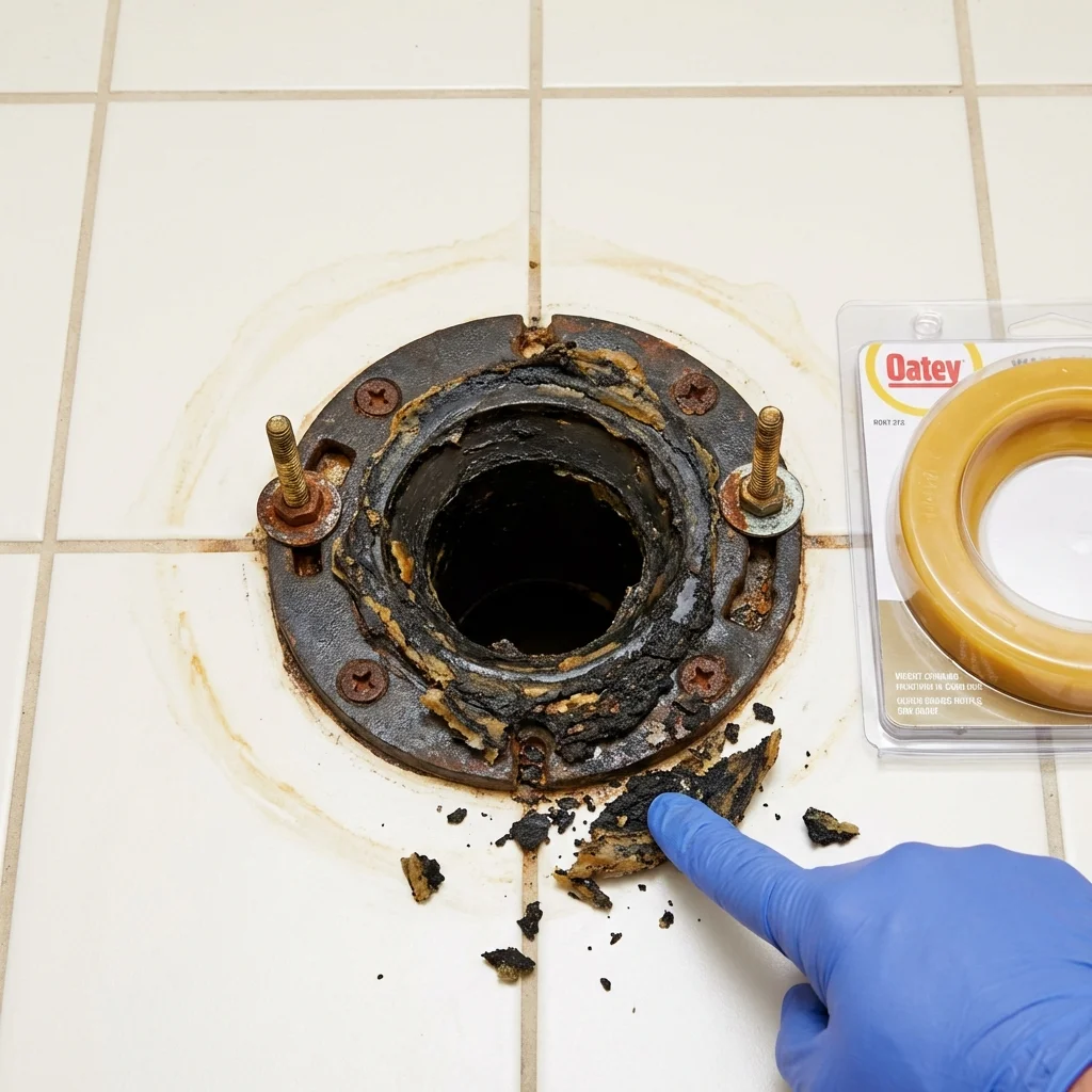Failed wax ring showing water seepage at the base of a toilet in a Carriere, MS home